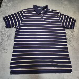 Polo Ralph Lauren Shirt Mens 2XL Navy Blue Yellow Striped Classic Pony Cotton